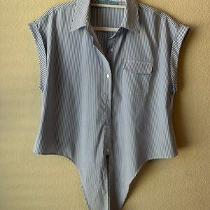 ANTONIO MELANI Blue and White Striped Button-Up Blouse